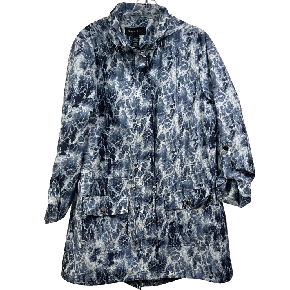 Style & Co Sport Blue White Marble Print Hooded Anorak‎ Jacket Roll Tab Sleeve M